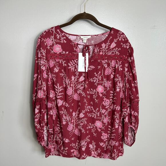 NWT Women's Como Blu 3/4 Sleeve Cottagecore Leaves Red Pink Blouse Boho Small - Picture 1 of 7